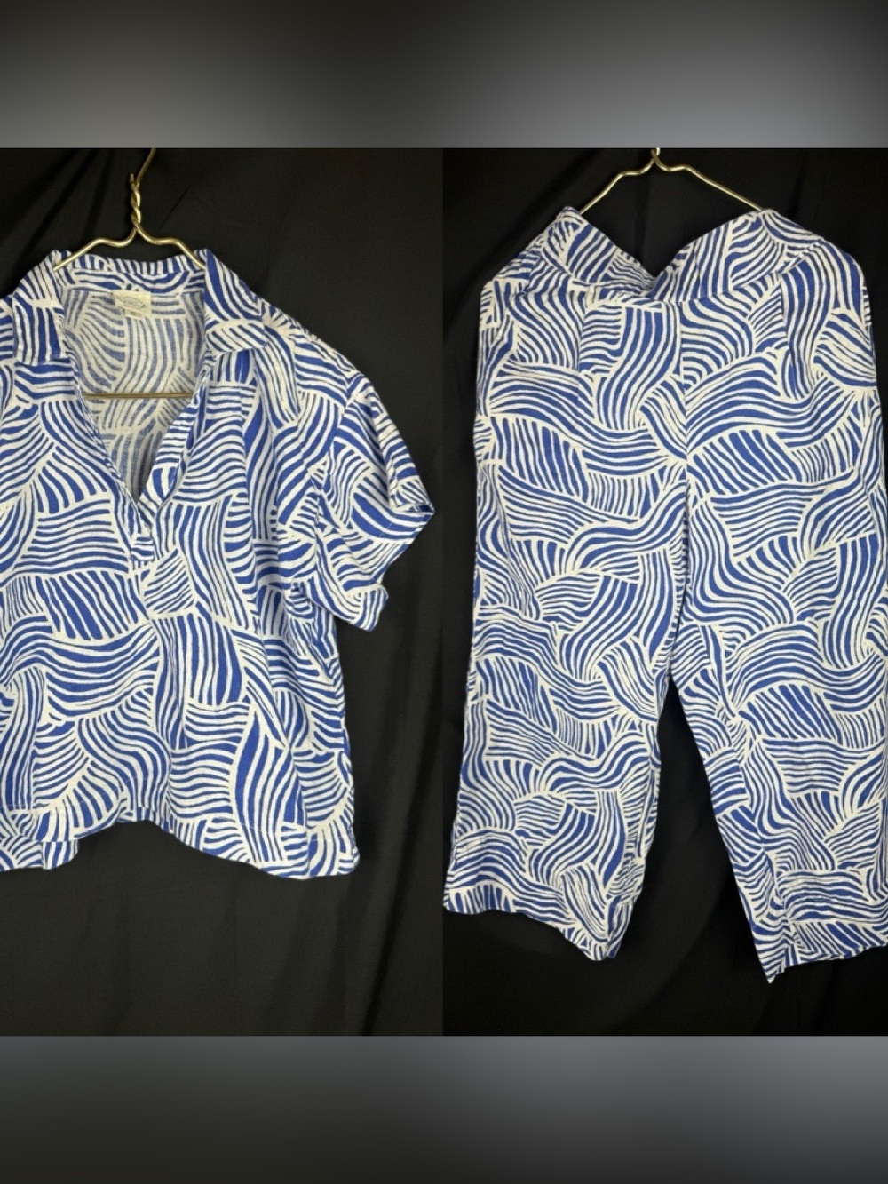 LOFT Beach 100% Linen 2pc Matching Set Blue White Abstract Wave Pants/Top